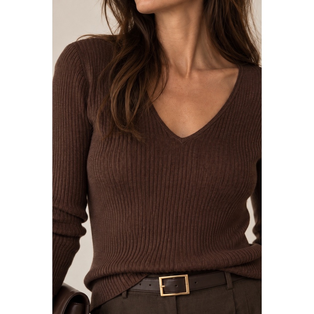 August Silk Knits Brown Ribbed V-Neck 3/4 Sleeve 52% Silk Blend Sweater XL